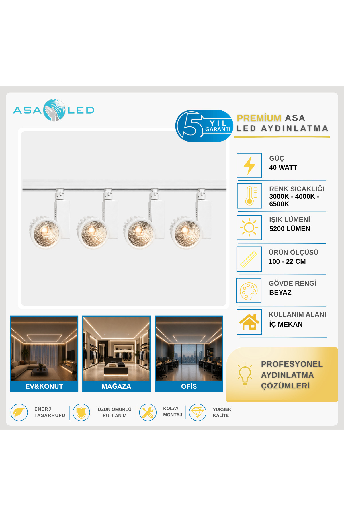 ASA Ayasofya 40W COB LED Ray Spot – Tekli / 3’lü / 4’lü Set