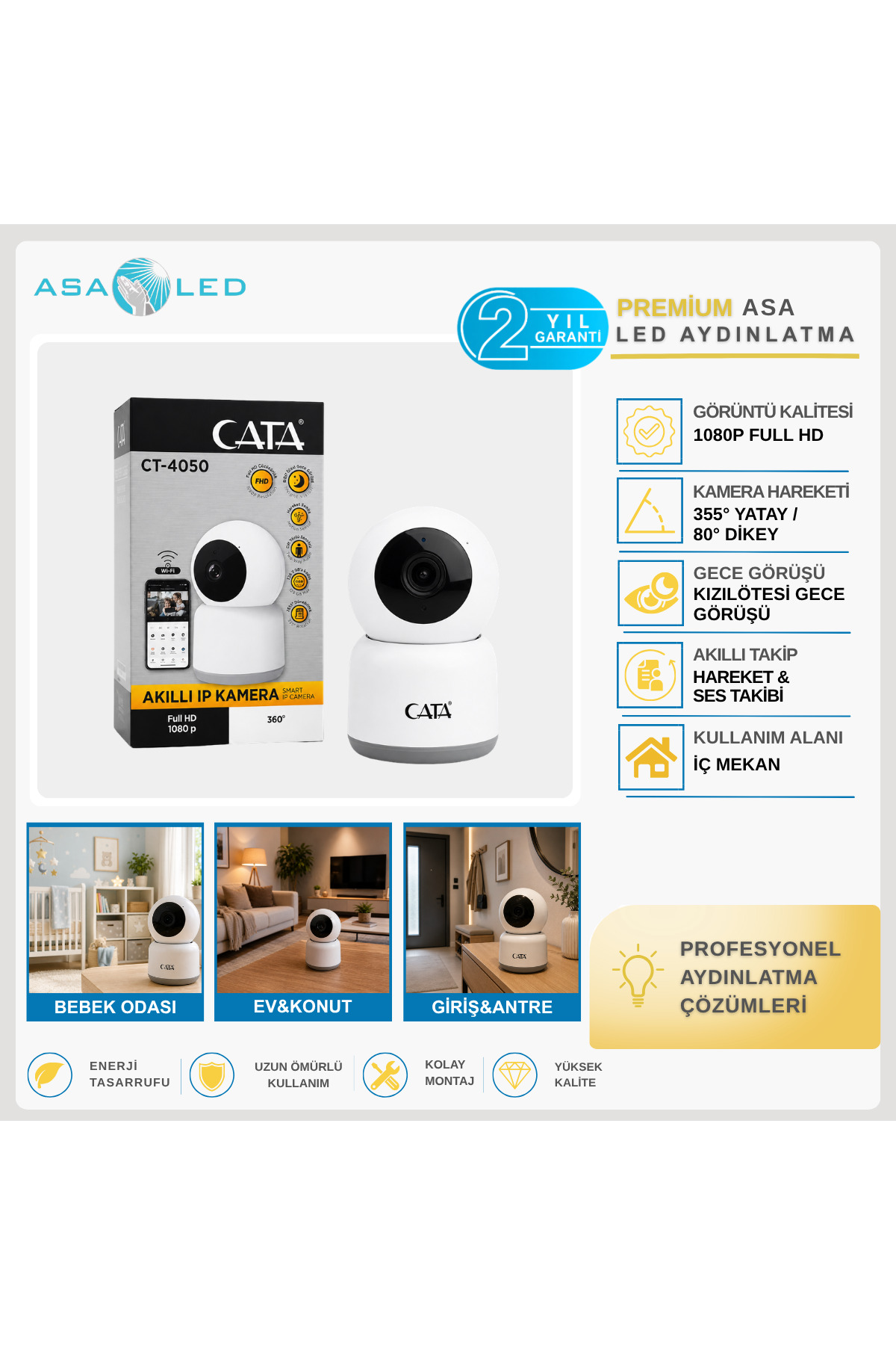 CATA CT-4050 1080P Full HD Wi-Fi Akıllı IP Kamera 360° Gece Görüşlü Hareket Takipli