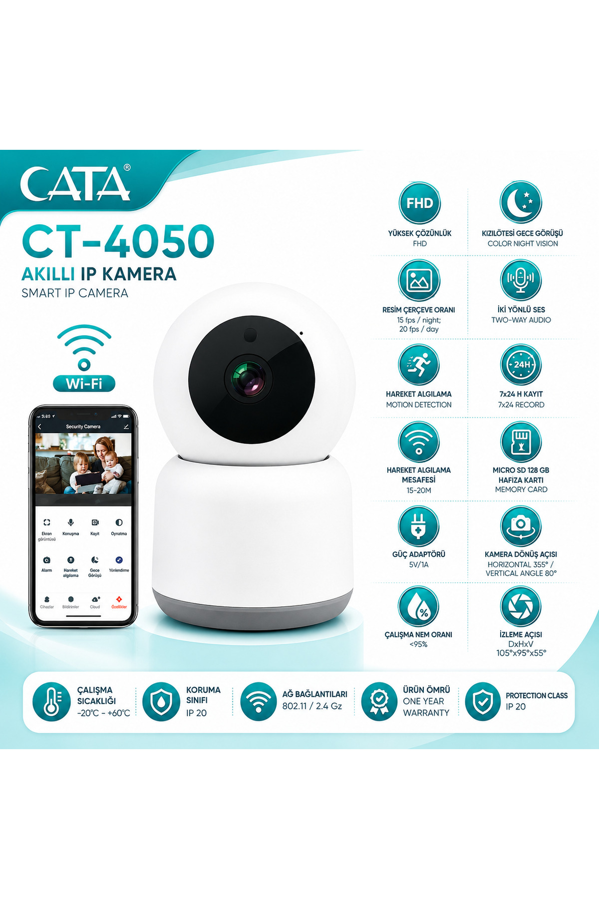 CATA CT-4050 1080P Full HD Wi-Fi Akıllı IP Kamera 360° Gece Görüşlü Hareket Takipli