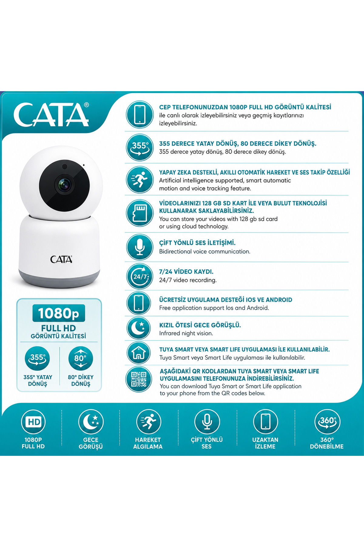 CATA CT-4050 1080P Full HD Wi-Fi Akıllı IP Kamera 360° Gece Görüşlü Hareket Takipli