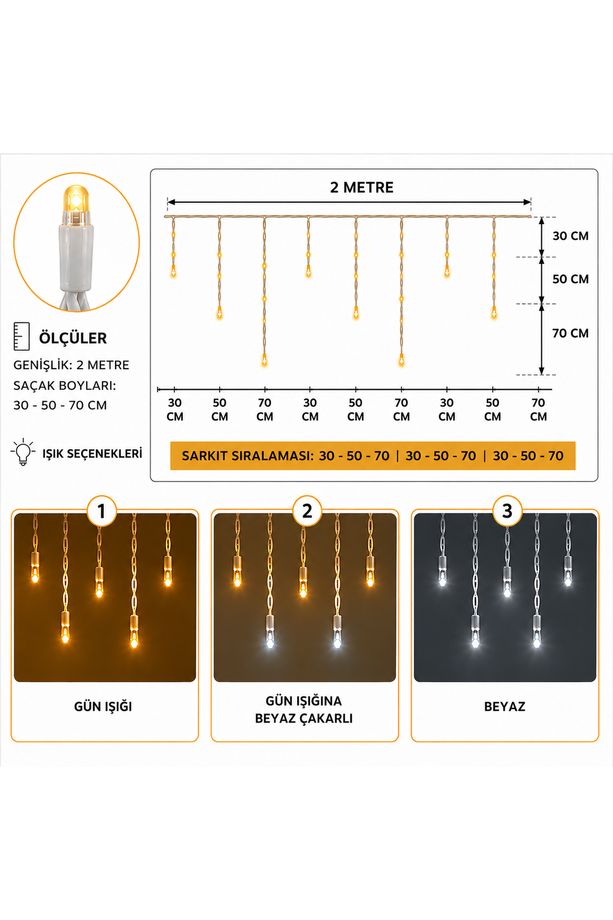 ASA Yılbaşı Süsü 2 Metre 30-50-70 cm Sarkıtlı Saçak Perde LED