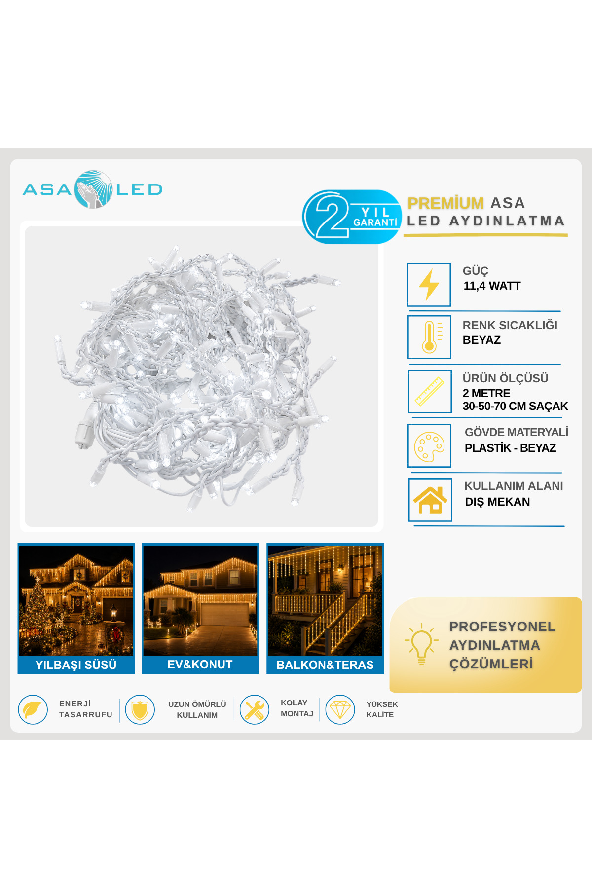 ASA Yılbaşı Süsü 2 Metre 30-50-70 cm Sarkıtlı Saçak Perde LED