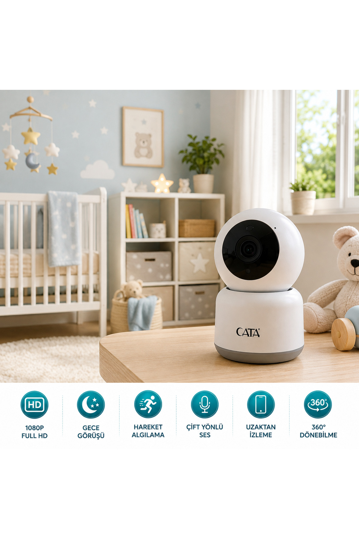 CATA CT-4050 1080P Full HD Wi-Fi Akıllı IP Kamera 360° Gece Görüşlü Hareket Takipli
