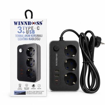 3’lü Akım Korumalı Uzatma Kablosu 2 Metre 2500W 10A USB ve Type-C Çıkışlı Siyah Priz