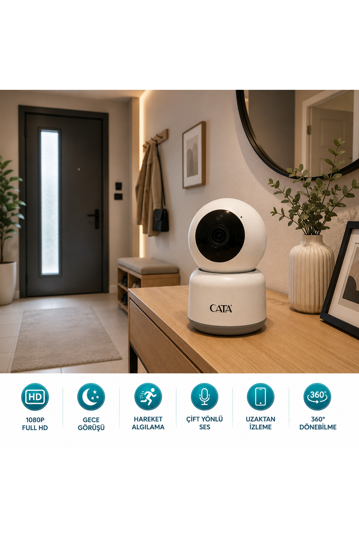 CATA CT-4050 1080P Full HD Wi-Fi Akıllı IP Kamera 360° Gece Görüşlü Hareket Takipli