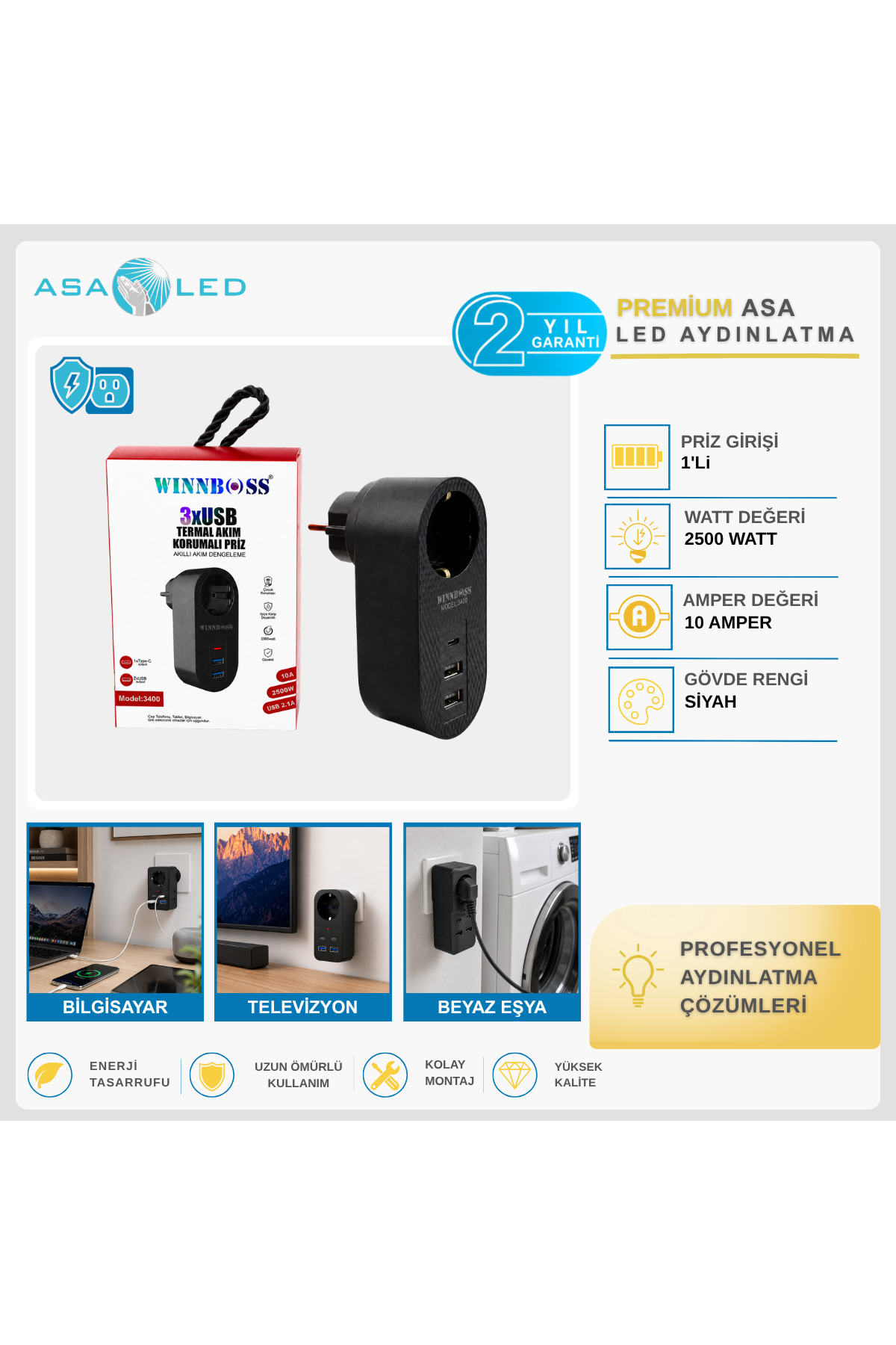 Winnboss Termal Akım Korumalı Priz – USB ve Type-C Çıkış Seçenekli