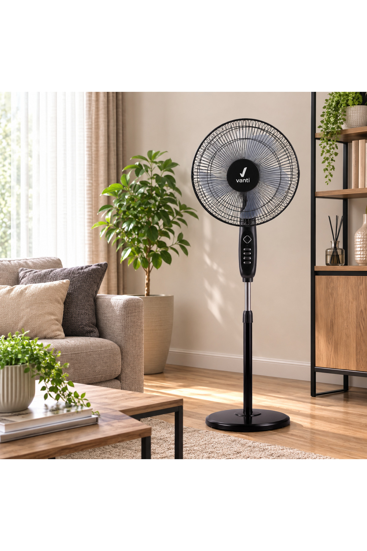 Vanti 16 İnç 60W Ayaklı Vantilatör 5 Pervaneli 3 Kademeli 90° Salınımlı Zaman Ayarlı Siyah