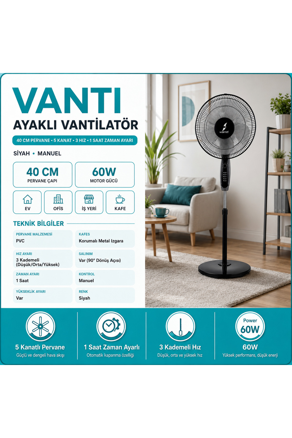 Vanti 16 İnç 60W Ayaklı Vantilatör 5 Pervaneli 3 Kademeli 90° Salınımlı Zaman Ayarlı Siyah
