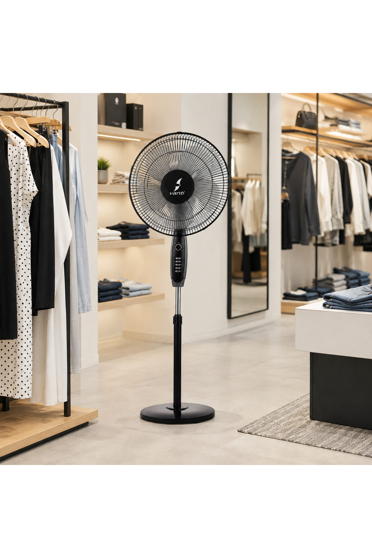 Vanti 16 İnç 60W Ayaklı Vantilatör 5 Pervaneli 3 Kademeli 90° Salınımlı Zaman Ayarlı Siyah