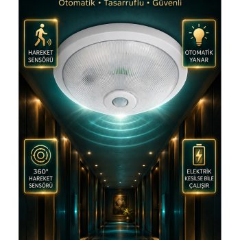 Seldur 360° Sensörlü LED Tavan Armatürü 6500K – Pilli Acil Kitli / Elektrikli