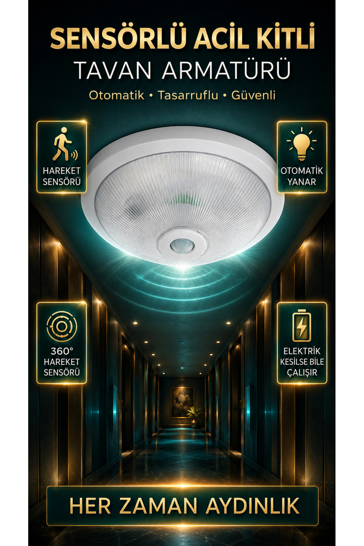 Seldur 360° Sensörlü LED Tavan Armatürü 6500K – Pilli Acil Kitli / Elektrikli