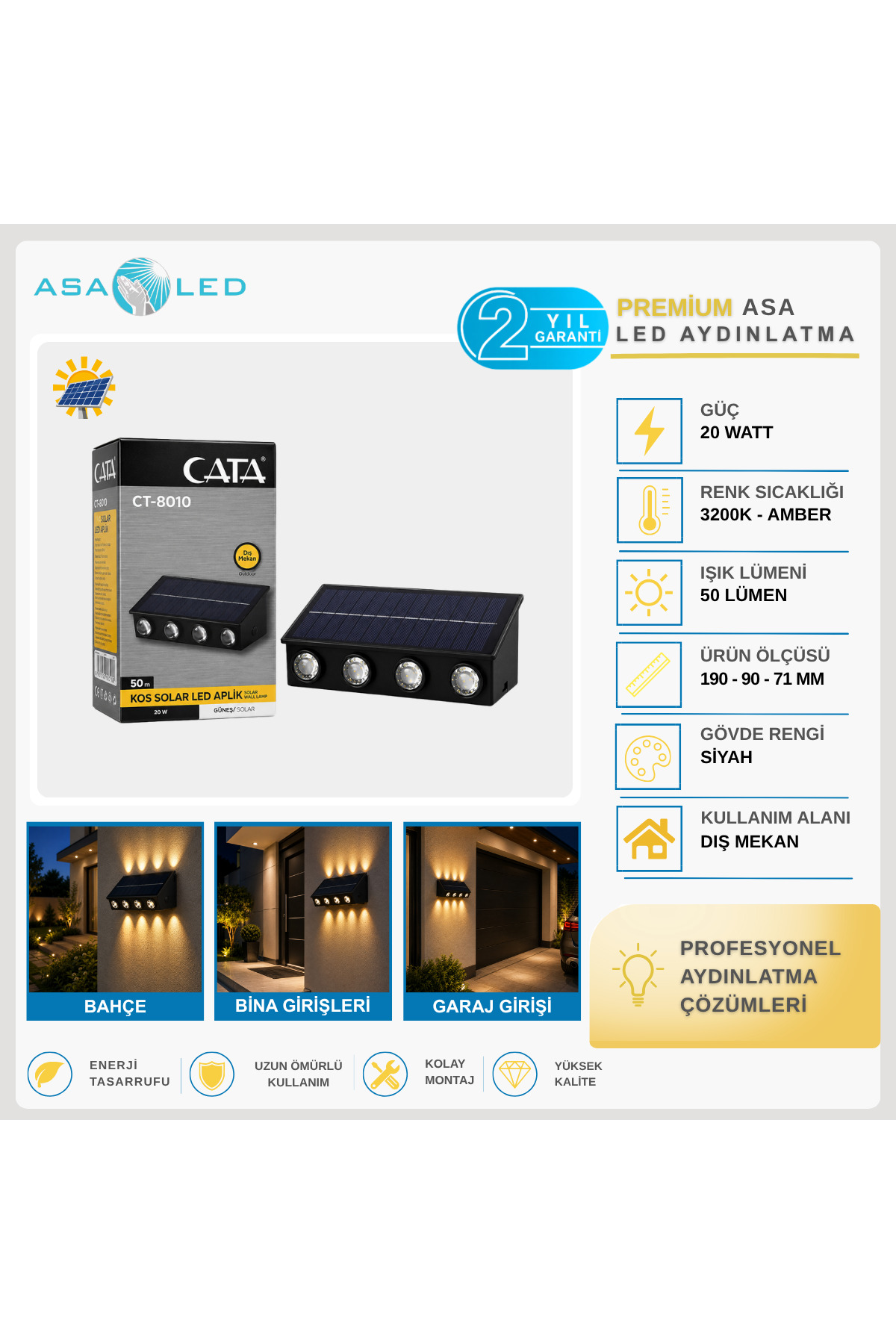 CATA CT-8010 Kos 20W Solar LED Duvar Apliği – IP65 Dış Mekân