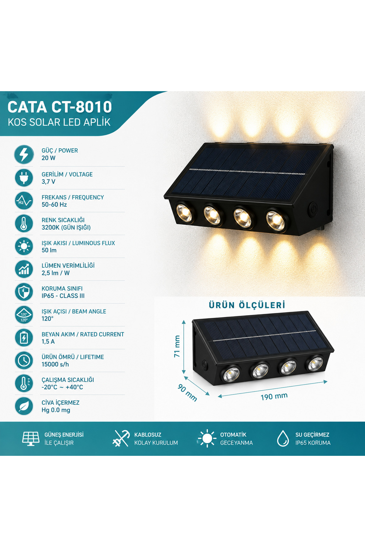 CATA CT-8010 Kos 20W Solar LED Duvar Apliği – IP65 Dış Mekân