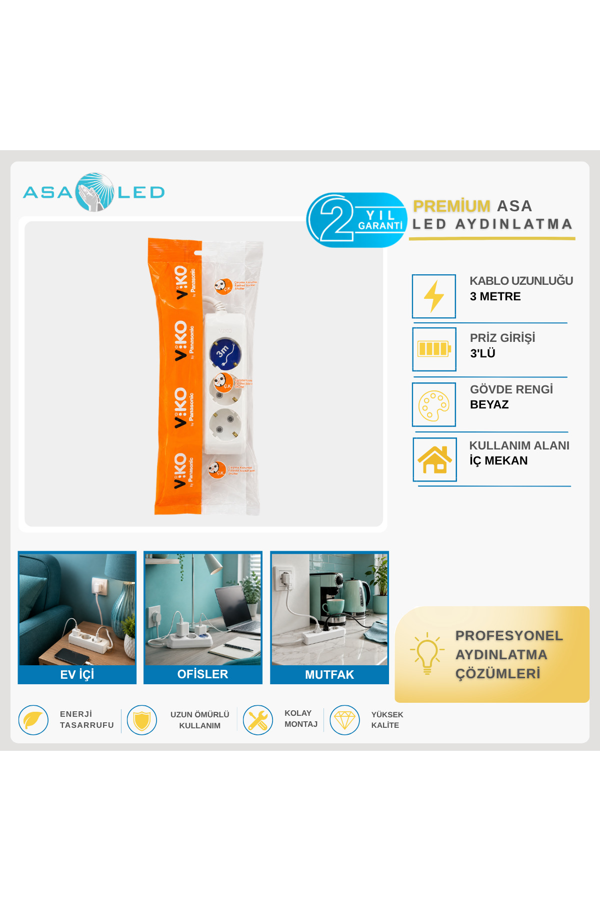 Viko 3’lü Topraklı Grup Priz – 2/3/5 Metre Çocuk Korumalı