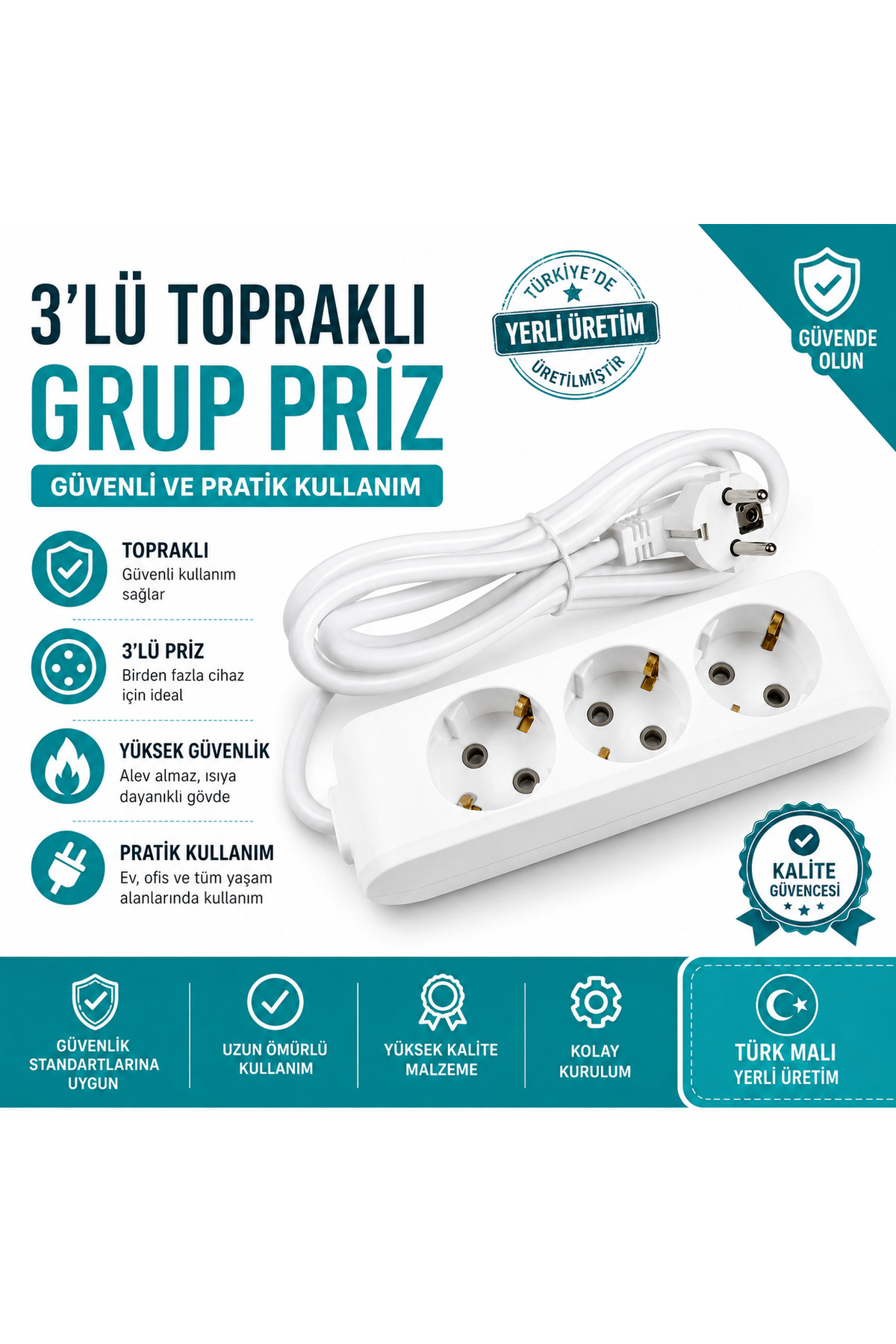 Viko 3’lü Topraklı Grup Priz – 2/3/5 Metre Çocuk Korumalı