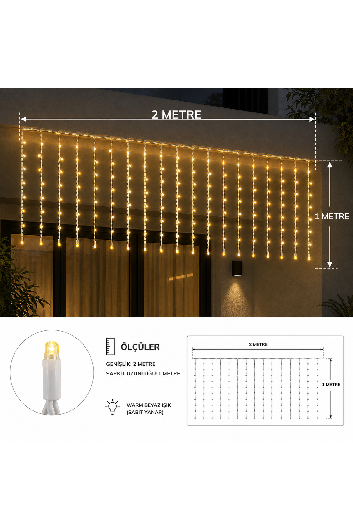ASA Yılbaşı Süsü 2x1 Metre Gün Işığı–Beyaz Çakarlı Sarkıt Saçak Perde Yılbaşı LED