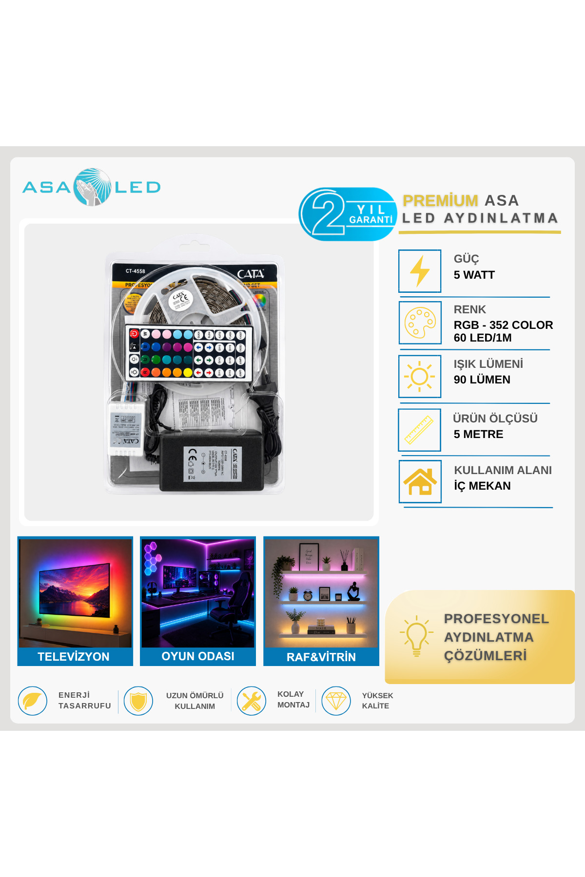 CATA 5 Metre RGB Şerit LED Seti Kumandalı Adaptörlü 16 Renk 4 Animasyon Modlu
