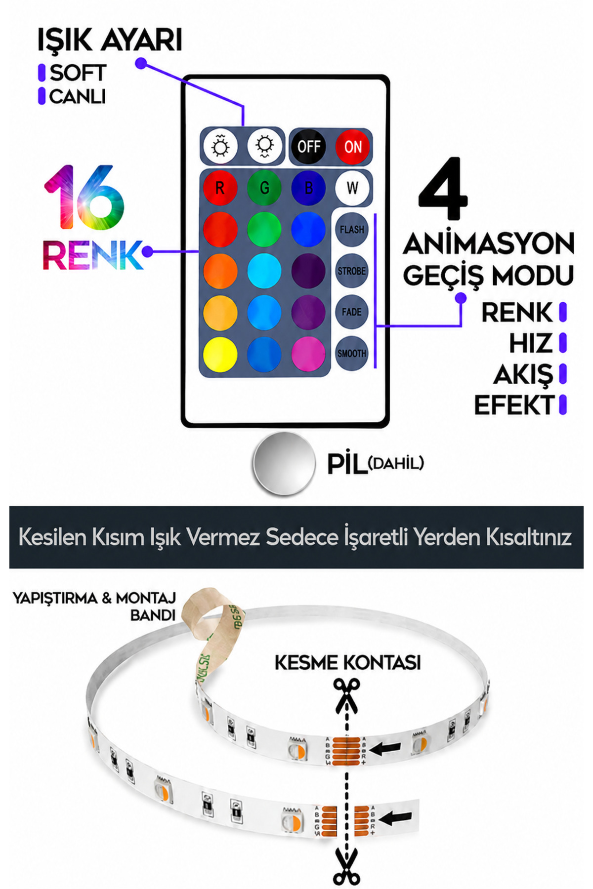 CATA 5 Metre RGB Şerit LED Seti Kumandalı Adaptörlü 16 Renk 4 Animasyon Modlu