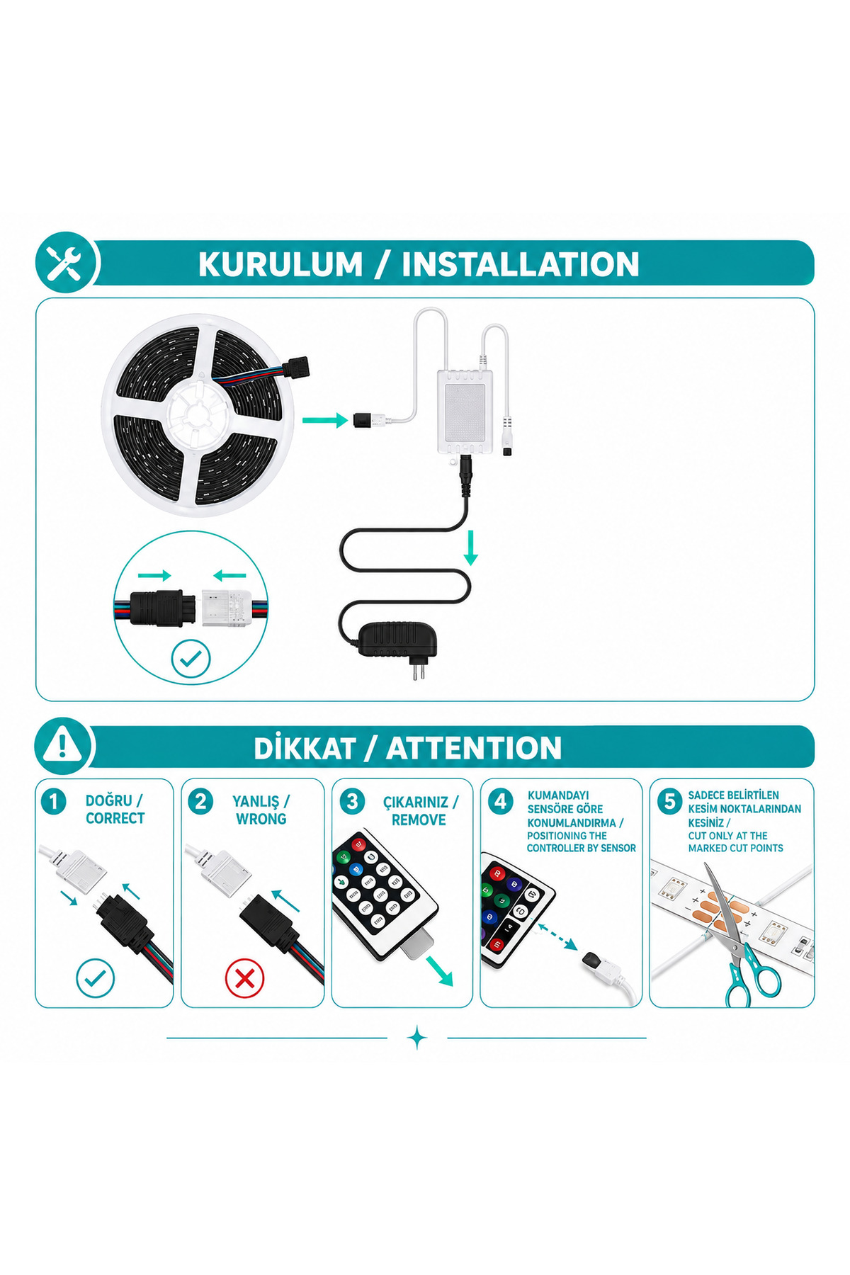 CATA 5 Metre RGB Şerit LED Seti Kumandalı Adaptörlü 16 Renk 4 Animasyon Modlu