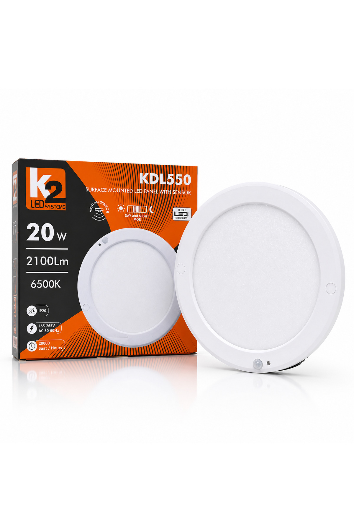 K2 20W Hareket Sensörlü Sıva Üstü Yuvarlak LED Panel 22 cm - 3000K Gün Işığı