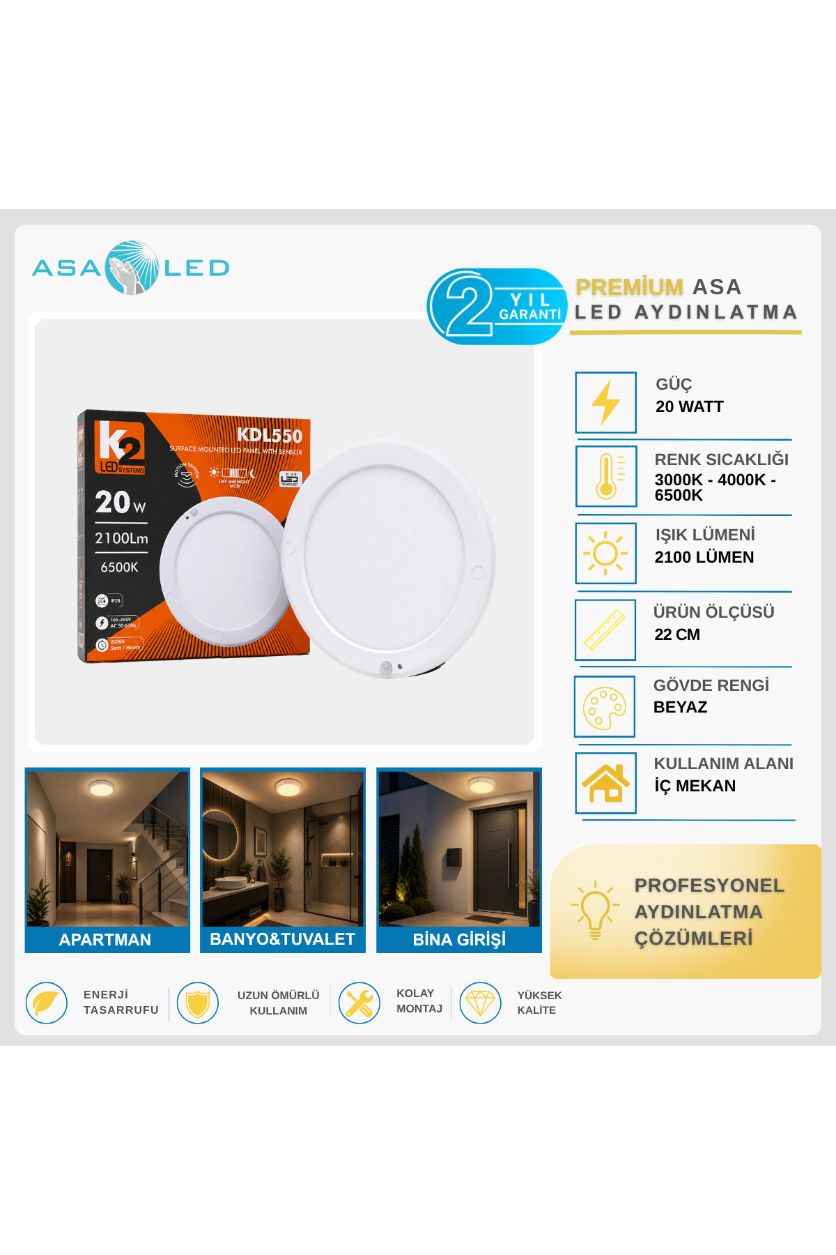K2 20W Hareket Sensörlü Sıva Üstü Yuvarlak LED Panel 22 cm - 3000K Gün Işığı