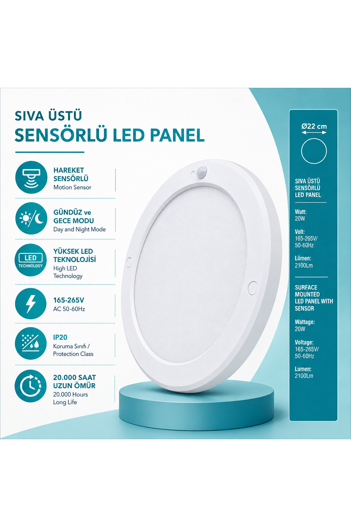 K2 20W Hareket Sensörlü Sıva Üstü Yuvarlak LED Panel 22 cm - 3000K Gün Işığı
