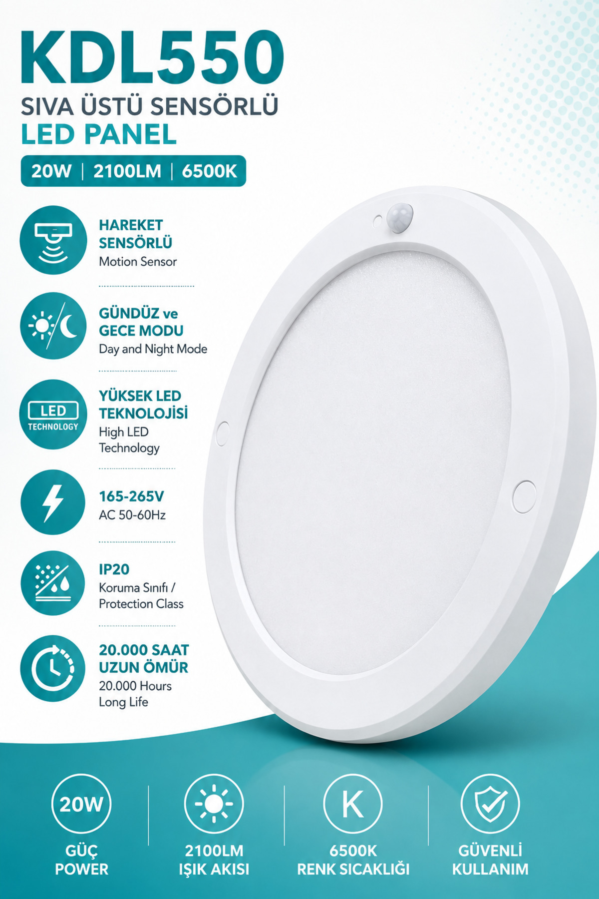 K2 20W Hareket Sensörlü Sıva Üstü Yuvarlak LED Panel 22 cm - 3000K Gün Işığı