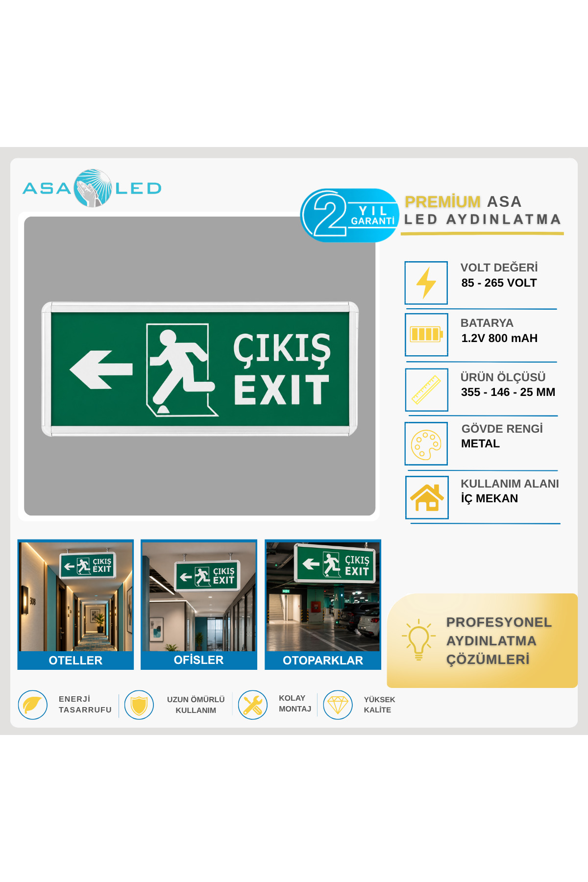 CATA Şarjlı LED Acil Çıkış Levhası – Düz / Aşağı / Sağ-Sol Yön Seçenekli