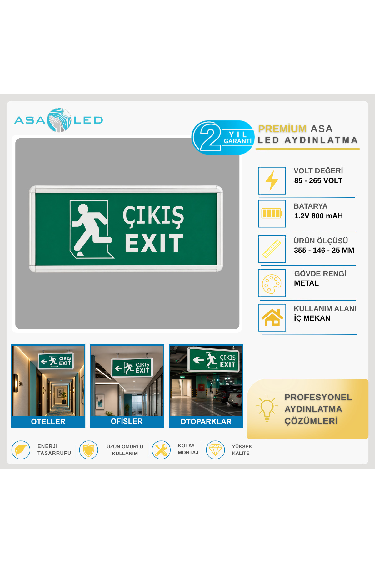 Global Şarjlı LED Acil Çıkış Levhası 2’li Paket – Düz / Aşağı / Sağ-Sol