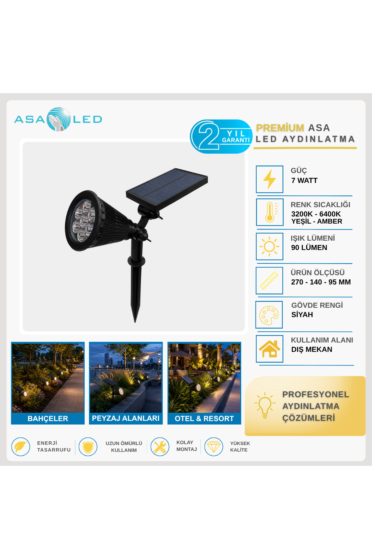 CATA Zena 7W Solar Bahçe Aydınlatması – IP65 Kazıklı Spot