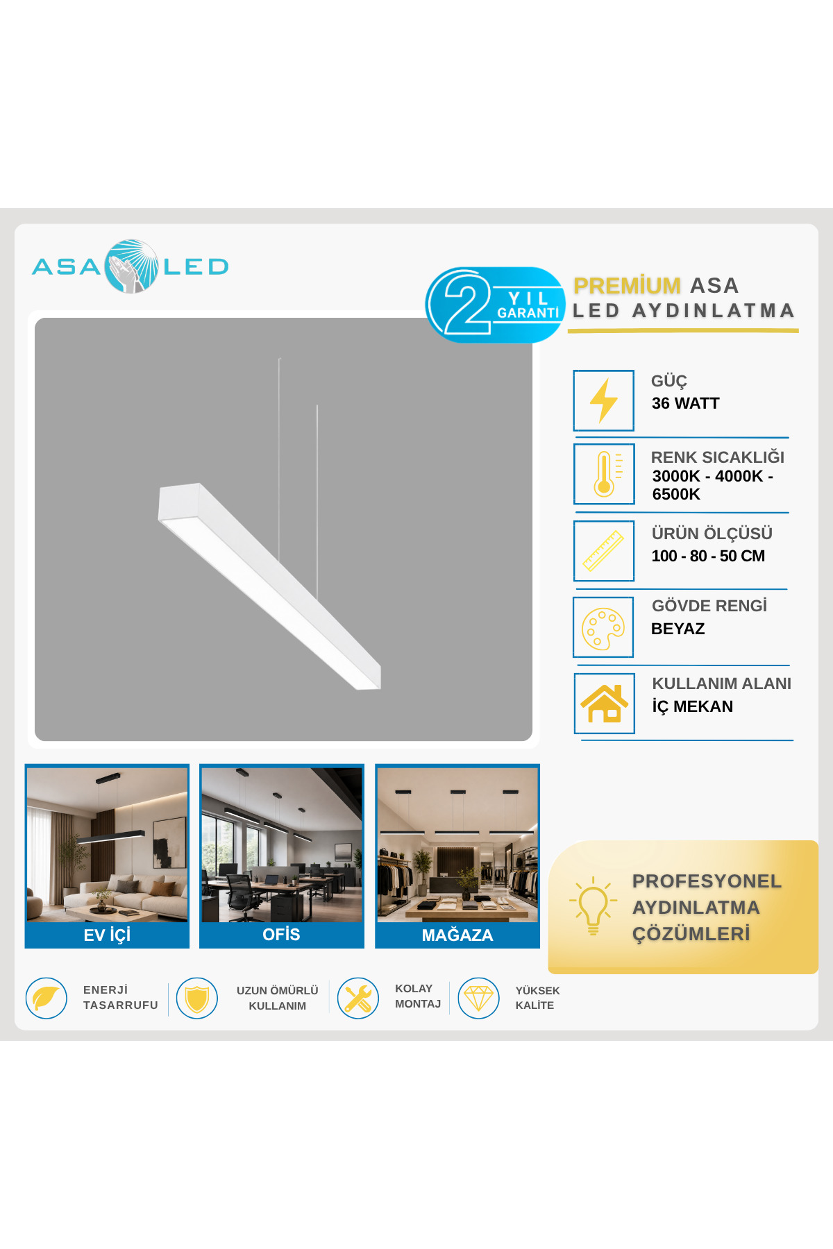 ASA Lineer LED Sarkıt Avize 100/120 cm – Siyah/Beyaz, 3000K/4000K/6500K