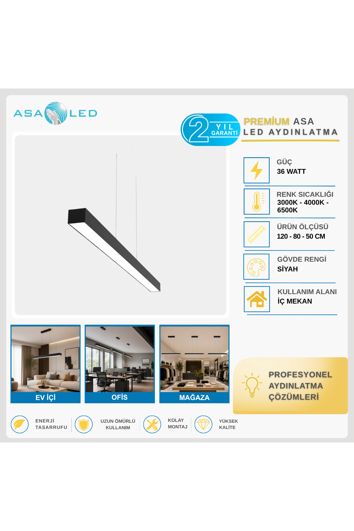 ASA Lineer LED Sarkıt Avize 100/120 cm – Siyah/Beyaz, 3000K/4000K/6500K
