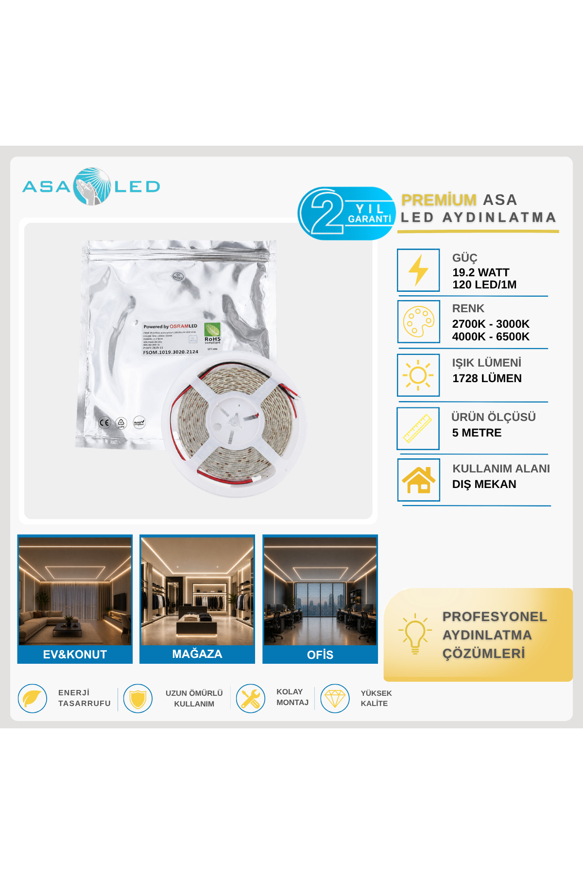 ASA OSRAM LED 5 Metre Dış Mekân Şerit LED – 60/120/210 LED/m, 2700K–6500K
