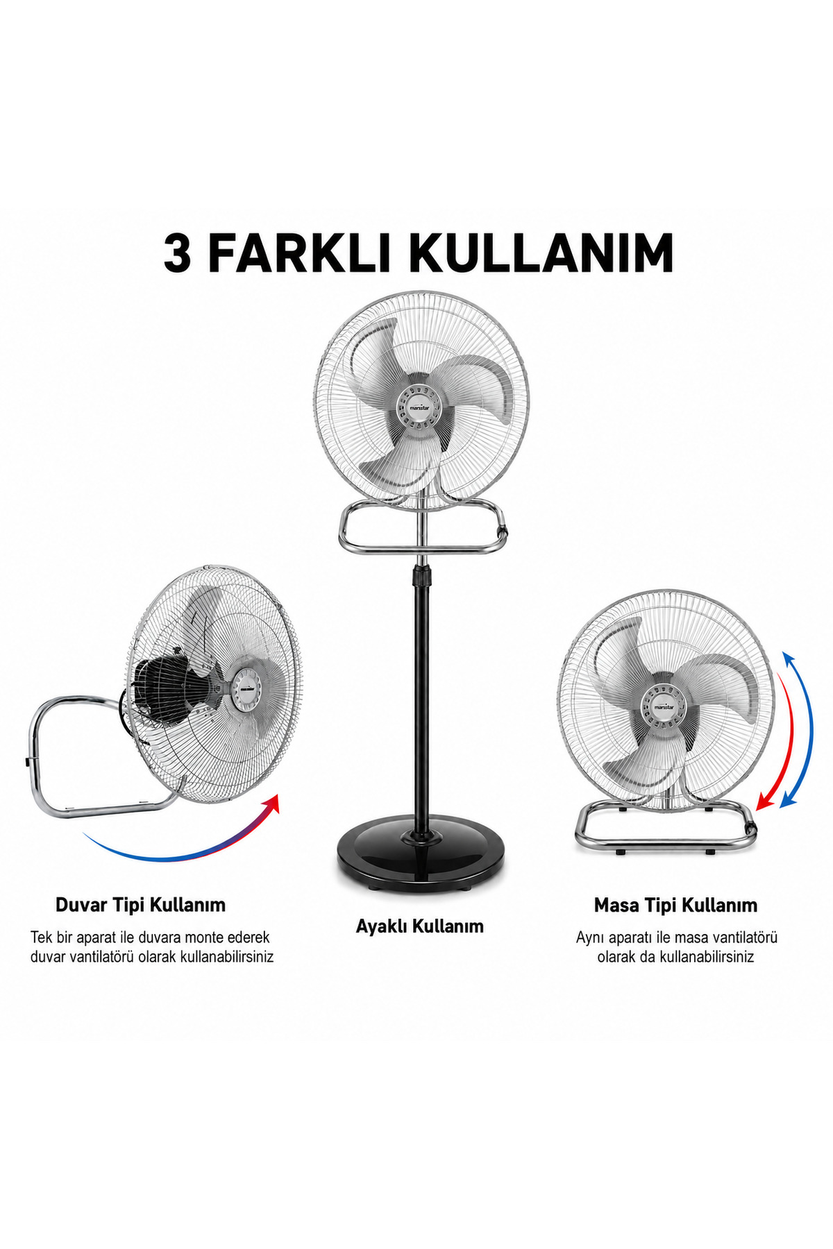 Marsstar 3’ü1 Arada Vantilatör 18 İnç 90W – Ayaklı, Masa ve Duvar Tipi, 3 Kademeli Metal Pervaneli