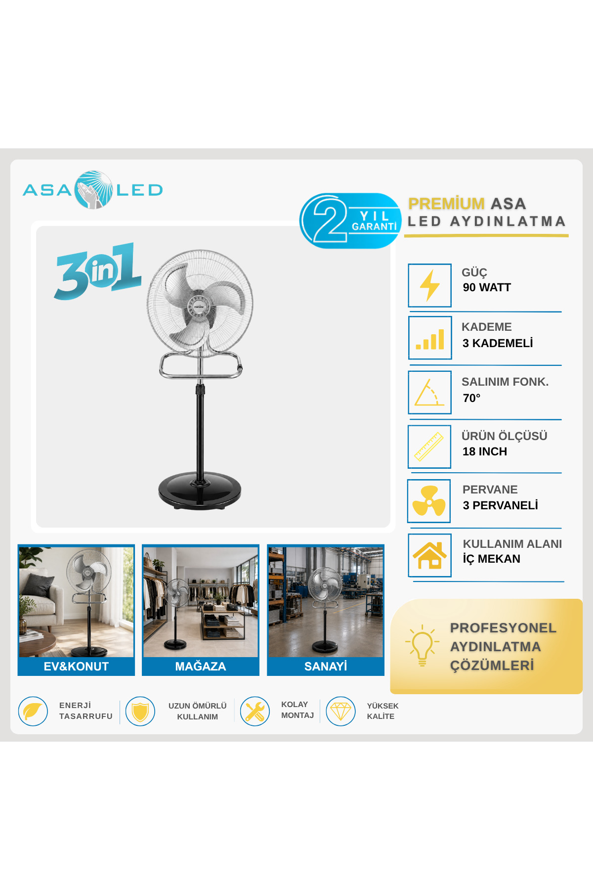 Marsstar 3’ü1 Arada Vantilatör 18 İnç 90W – Ayaklı, Masa ve Duvar Tipi, 3 Kademeli Metal Pervaneli