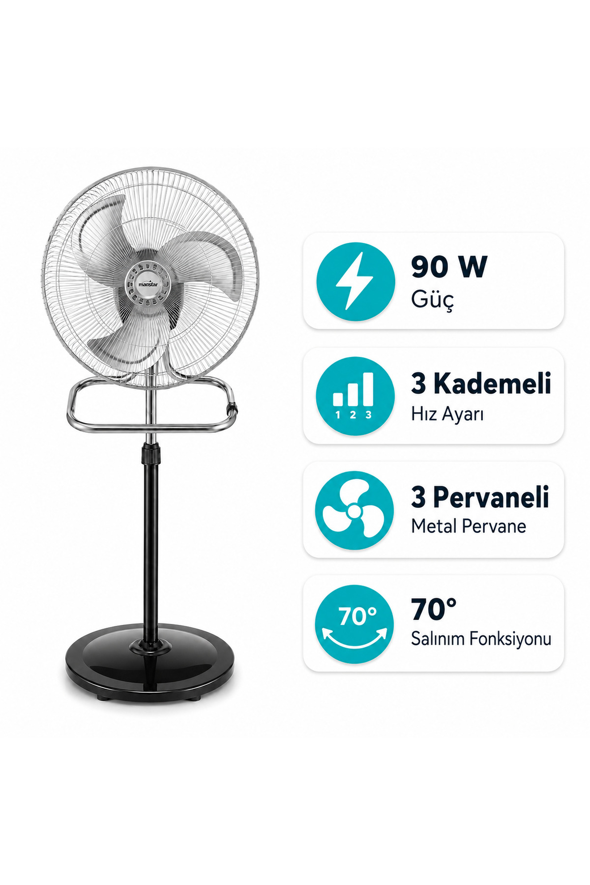 Marsstar 3’ü1 Arada Vantilatör 18 İnç 90W – Ayaklı, Masa ve Duvar Tipi, 3 Kademeli Metal Pervaneli