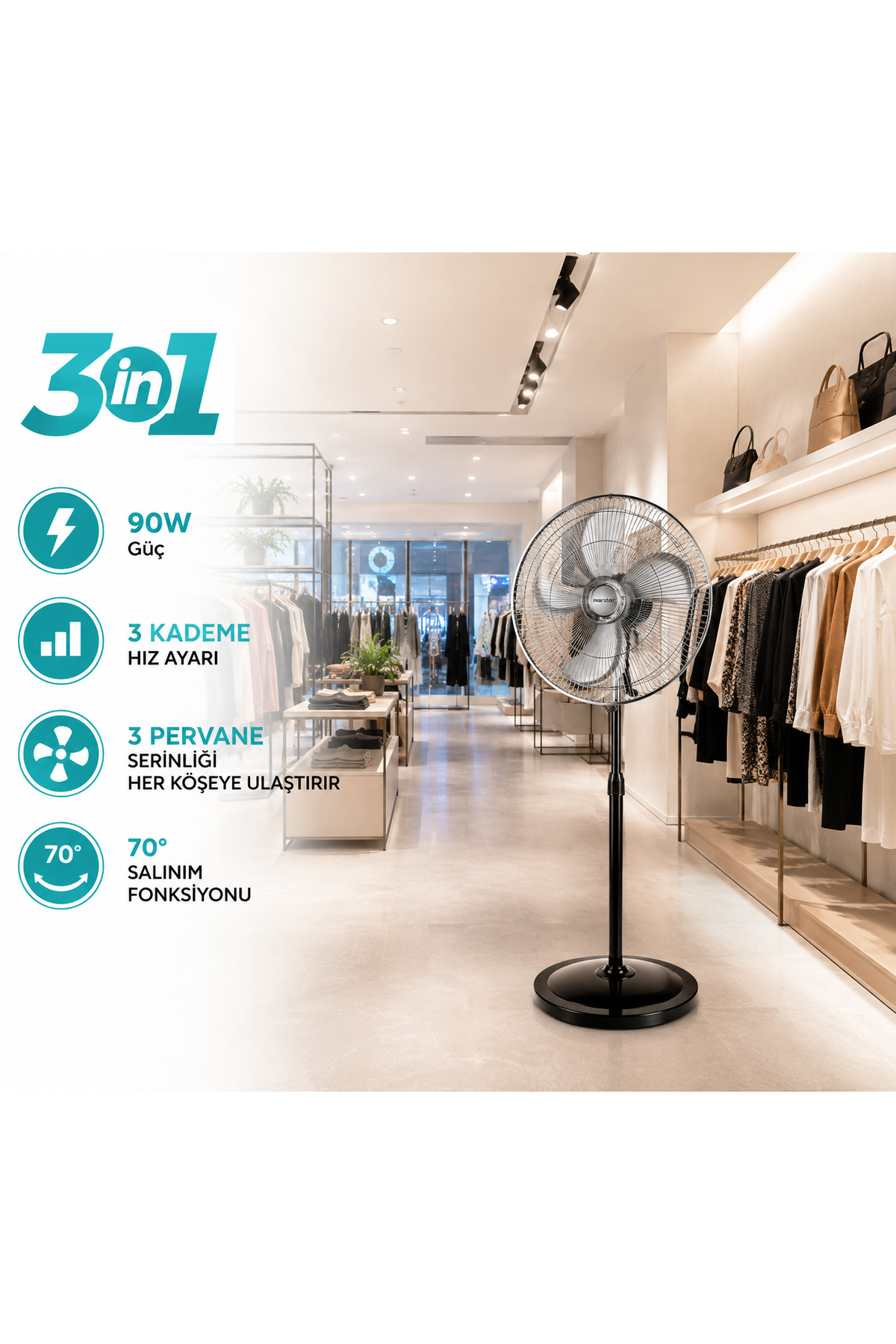Marsstar 3’ü1 Arada Vantilatör 18 İnç 90W – Ayaklı, Masa ve Duvar Tipi, 3 Kademeli Metal Pervaneli