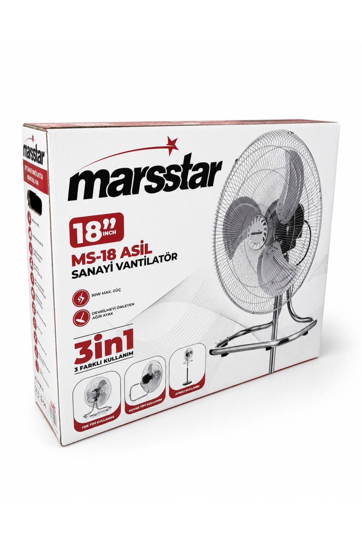 Marsstar 3’ü1 Arada Vantilatör 18 İnç 90W – Ayaklı, Masa ve Duvar Tipi, 3 Kademeli Metal Pervaneli
