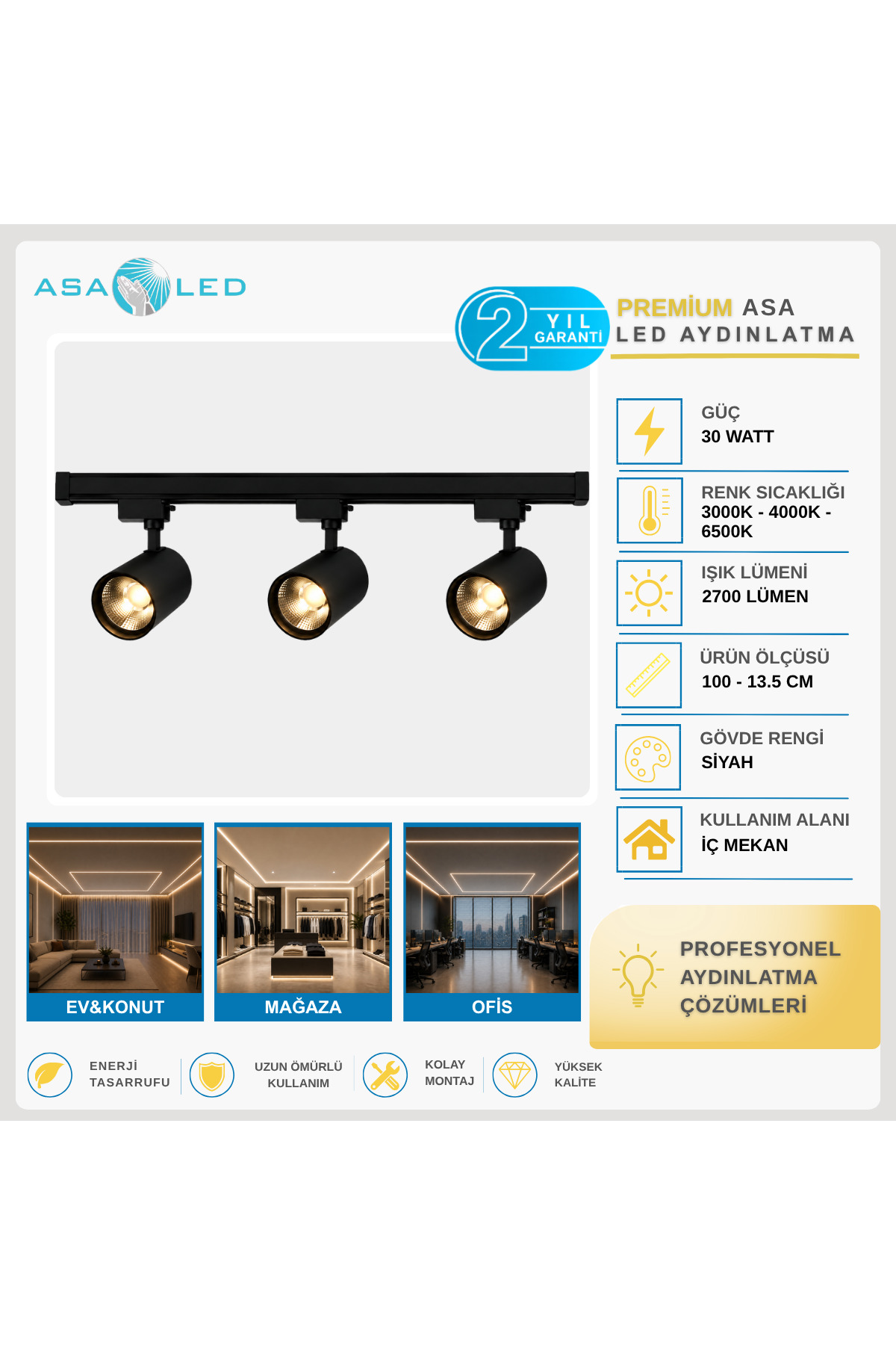 Noas 30W LED Ray Spot – Tekli / 3’lü / 4’lü Set, Siyah-Beyaz, 3000K/4000K/6500K