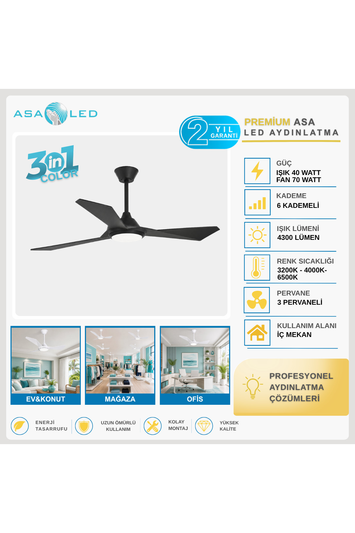 CATA LED’li Sessiz Tavan Vantilatörü – CT-3000 Cenevre / CT-3001 Zürih / CT-3002 Bern