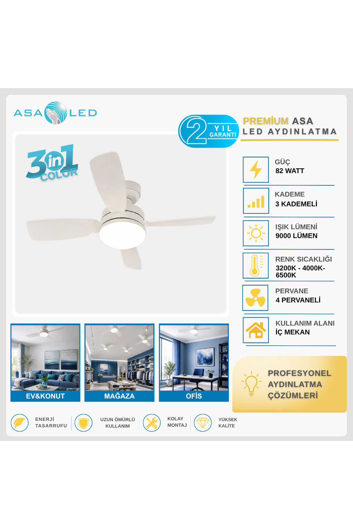 CT-1155 Karayel Duylu Fan Tavan Vantilatörü LED Ampul Kumandalı 3 Renk Dimmerli 4 Kanatlı 82W E27