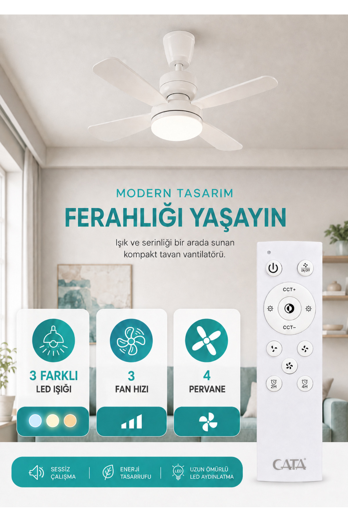 CT-1155 Karayel Duylu Fan Tavan Vantilatörü LED Ampul Kumandalı 3 Renk Dimmerli 4 Kanatlı 82W E27