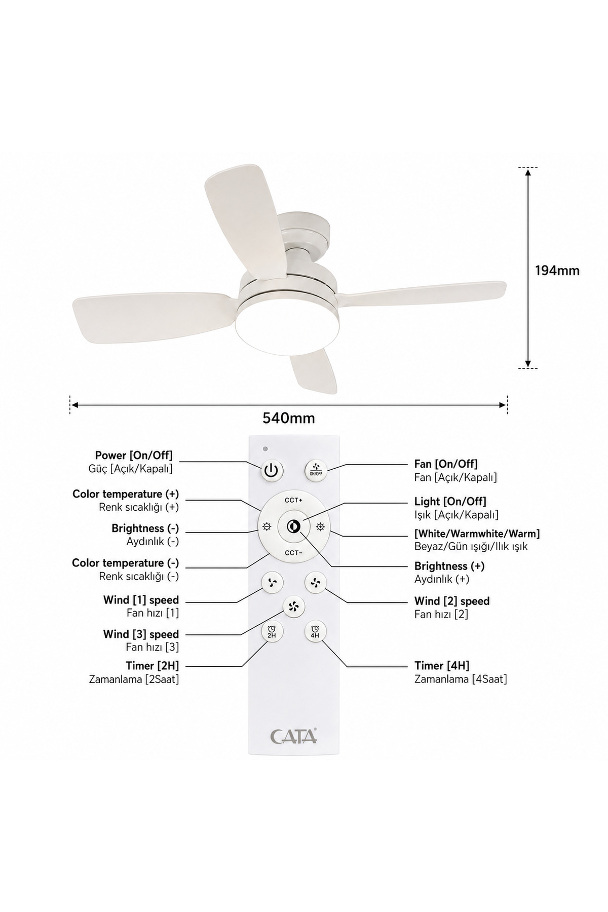 CT-1155 Karayel Duylu Fan Tavan Vantilatörü LED Ampul Kumandalı 3 Renk Dimmerli 4 Kanatlı 82W E27