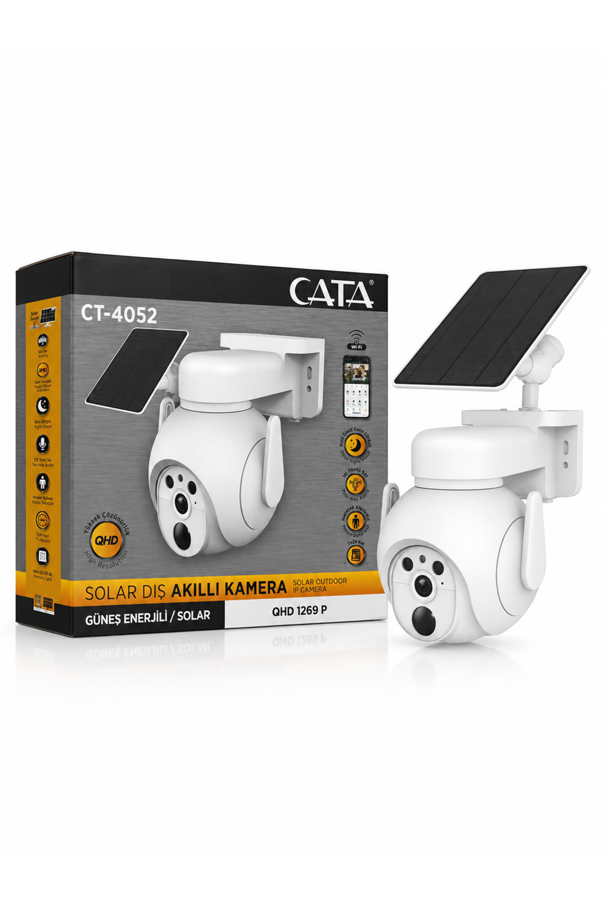 CATA CT-4052 Solar Güneş Panelli Dış Mekân Kamera Wi-Fi Akıllı Gece Görüşlü Sirenli IP65 9000 mAh