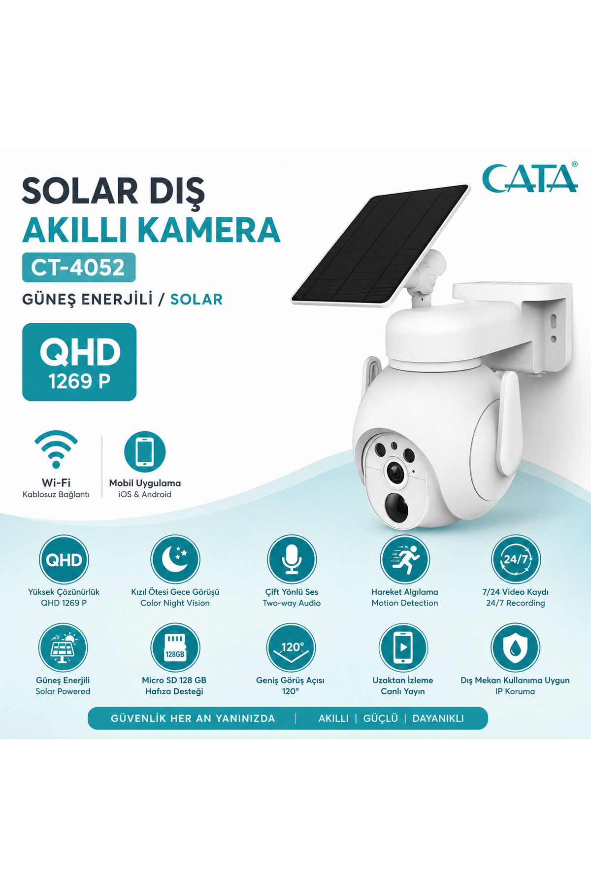 CATA CT-4052 Solar Güneş Panelli Dış Mekân Kamera Wi-Fi Akıllı Gece Görüşlü Sirenli IP65 9000 mAh