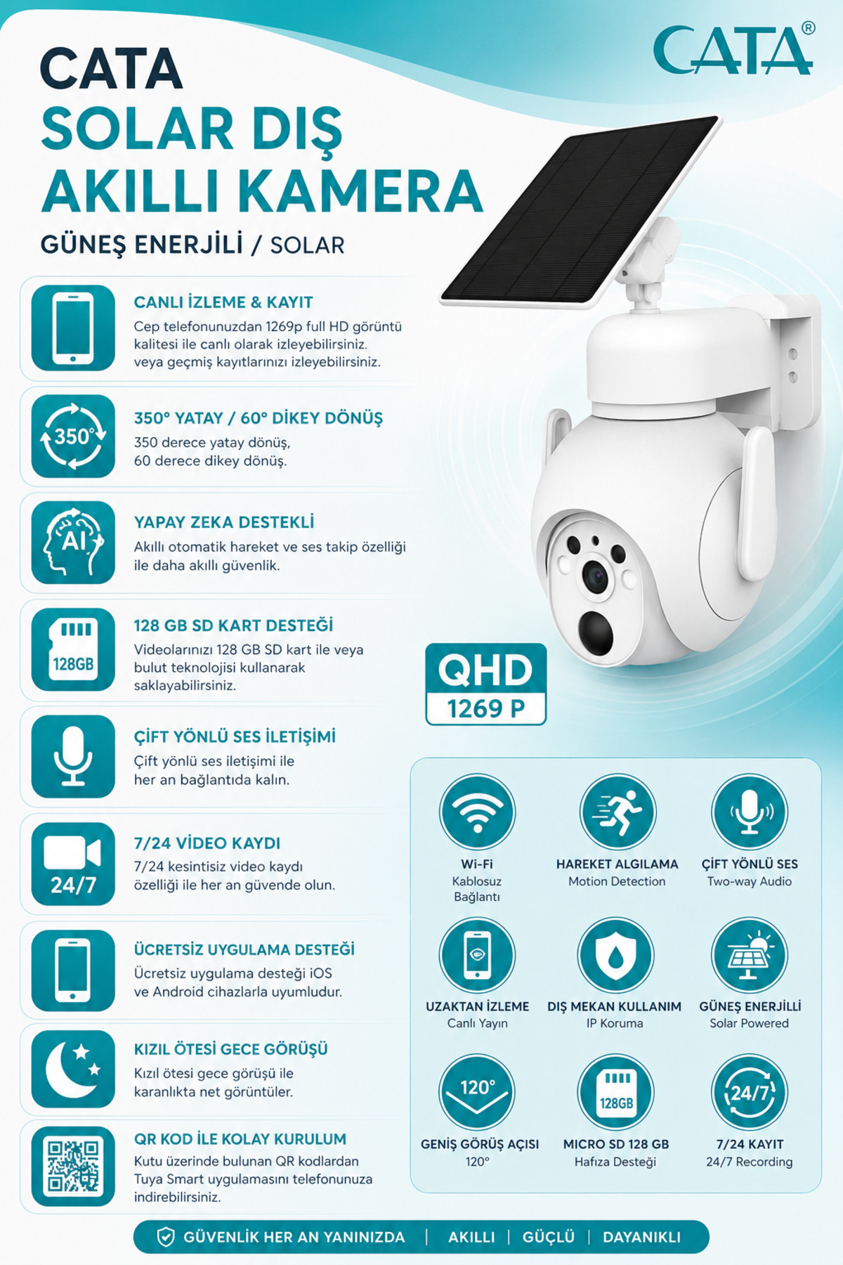 CATA CT-4052 Solar Güneş Panelli Dış Mekân Kamera Wi-Fi Akıllı Gece Görüşlü Sirenli IP65 9000 mAh