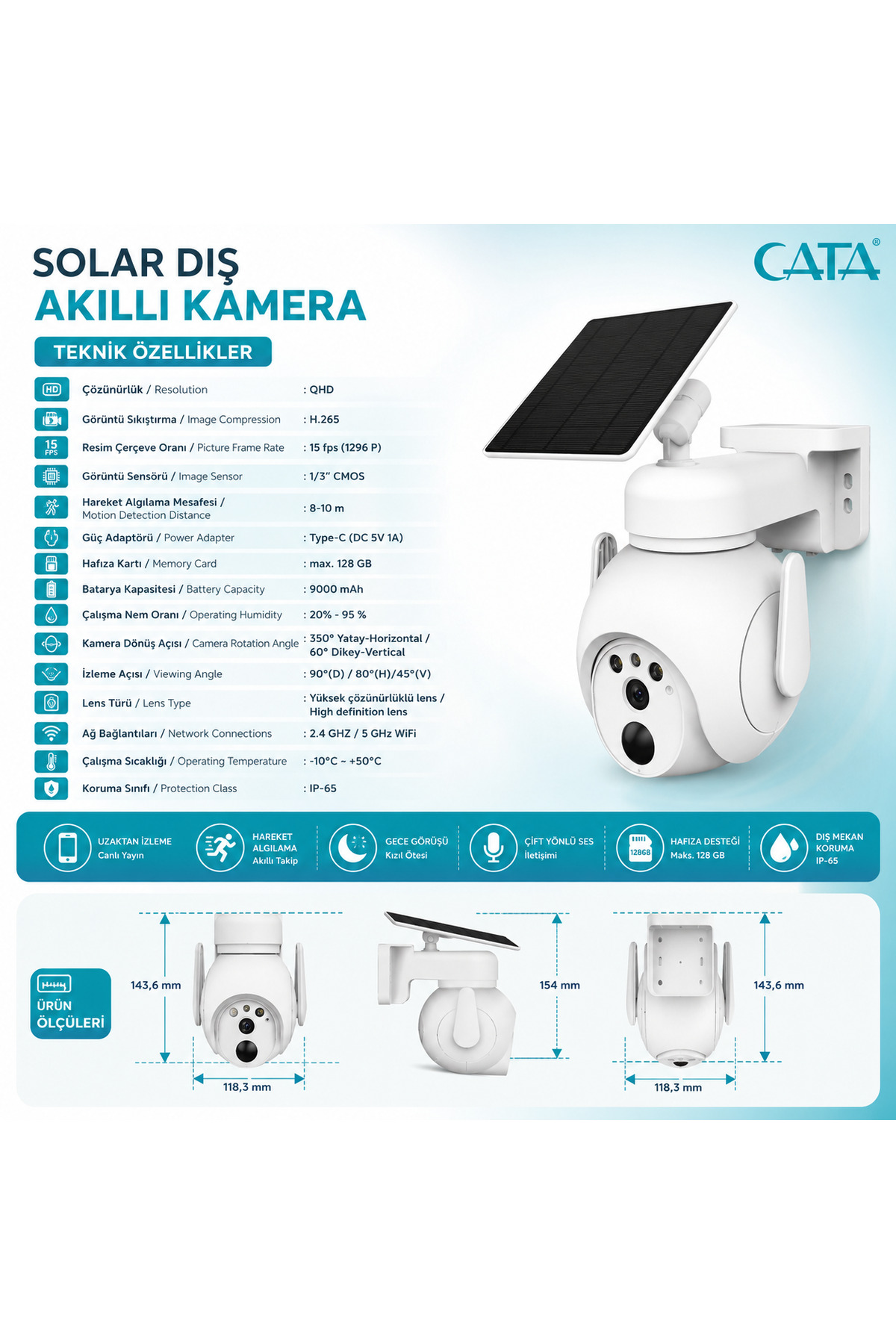 CATA CT-4052 Solar Güneş Panelli Dış Mekân Kamera Wi-Fi Akıllı Gece Görüşlü Sirenli IP65 9000 mAh
