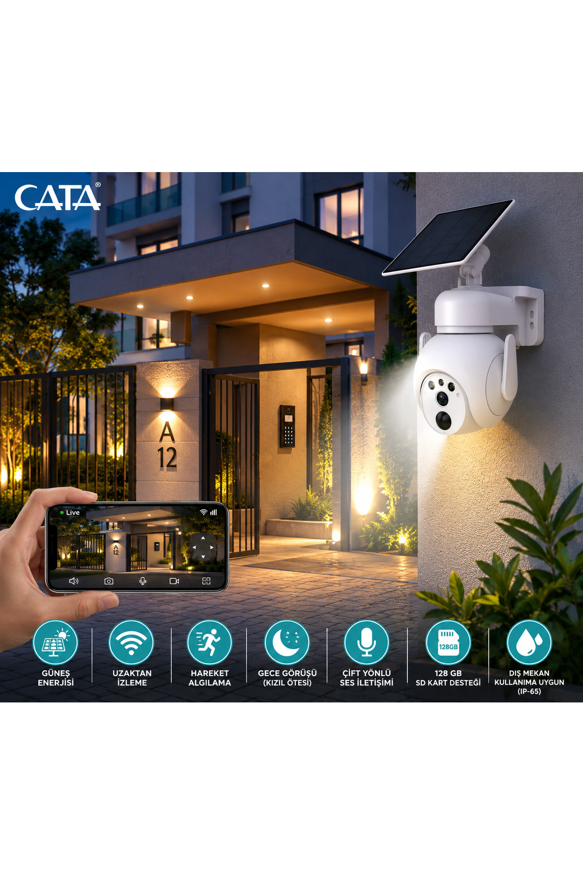 CATA CT-4052 Solar Güneş Panelli Dış Mekân Kamera Wi-Fi Akıllı Gece Görüşlü Sirenli IP65 9000 mAh