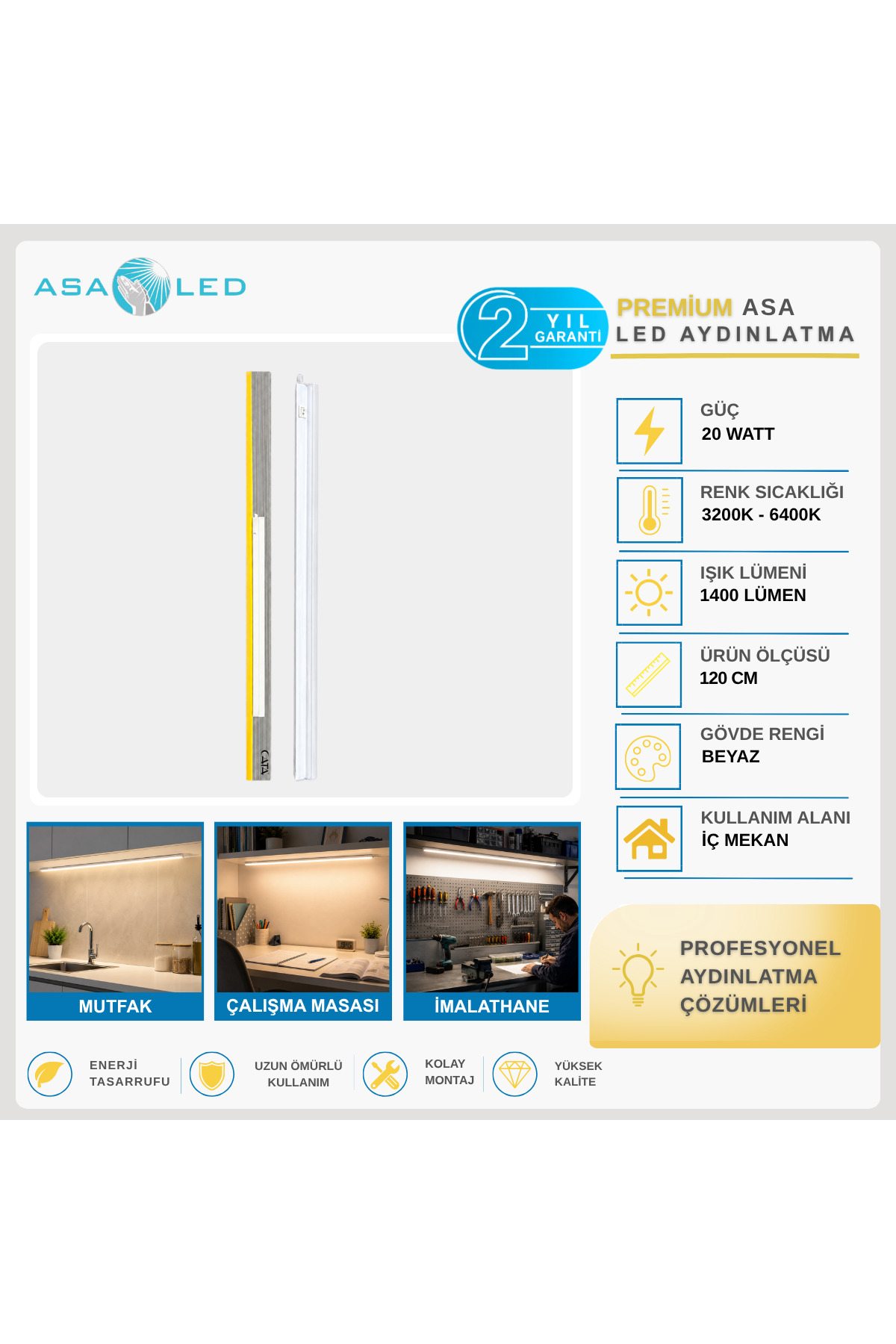 CATA Anahtarlı LED Bant Armatür – 30/60/90/120 cm, 3200K/6200K/6400K