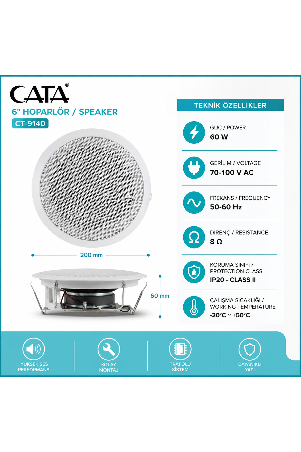 CATA CT-9140 6 İnç 60W Trafolu Sıva Altı Tavan Hoparlörü